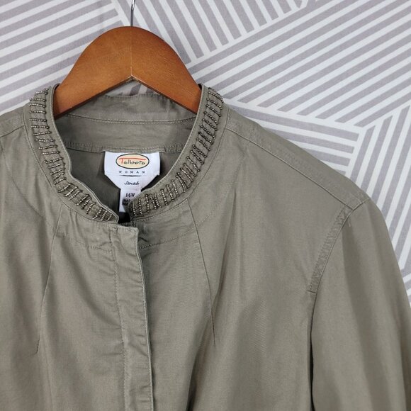 Talbots Feild Jacket Size 14W Beaded Trim Casual Canvas Green Beige Pockets - Picture 3 of 8